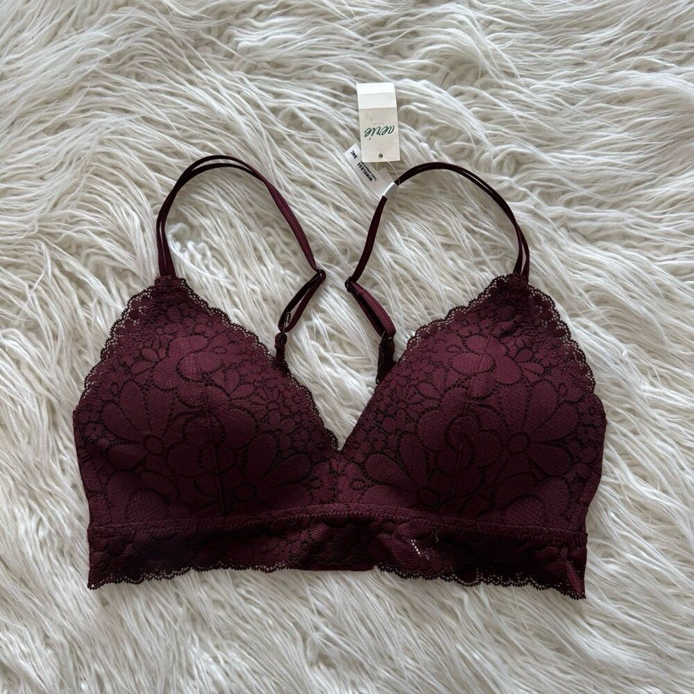 Aerie Real Happy Wireless Lightly Lined Candy Lace Bra Royal Berry Size 34C - Picture 2 of 11